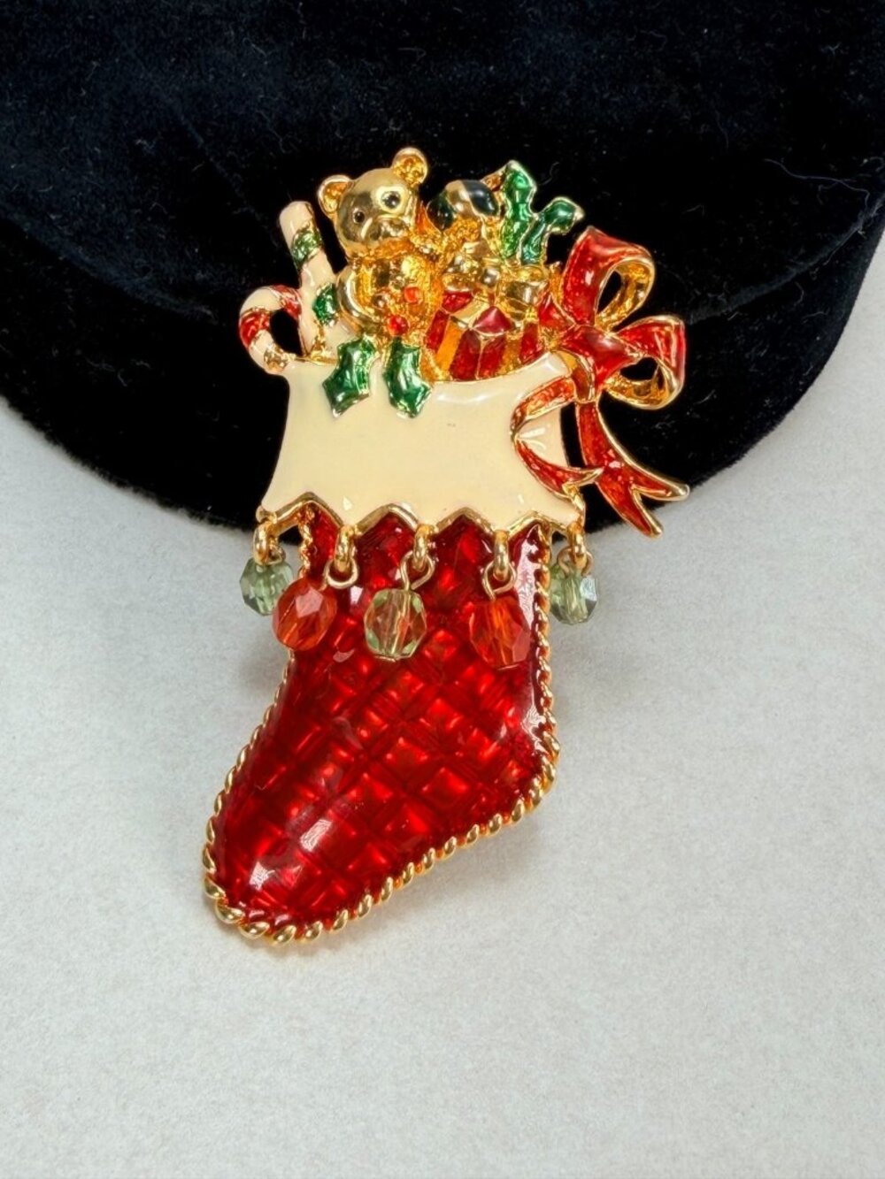 Vintage Gold Tone Christopher Radko Toys and Xmas Stocking Brooch